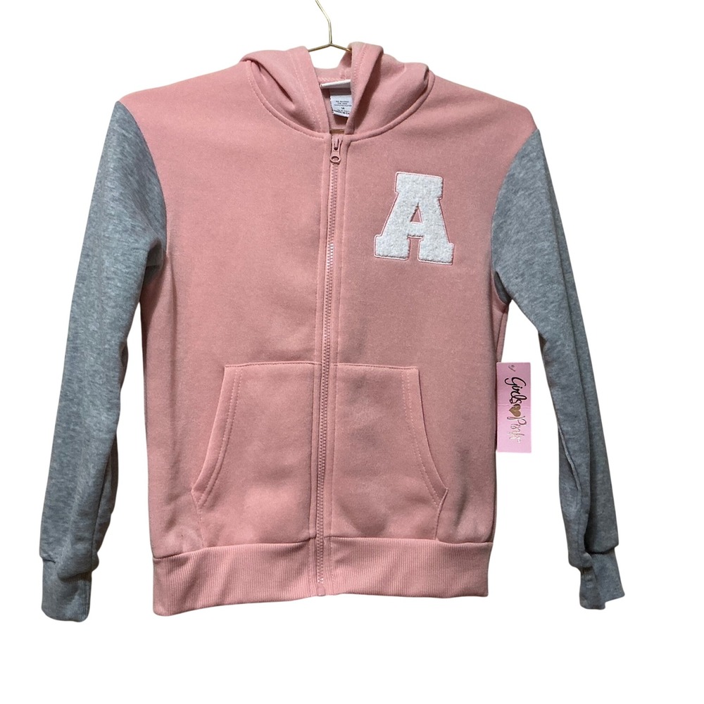 Girls Pink Varsity Zip Up Hoodie Pink Grey Chenille Patch Letter A Size 14 NWT